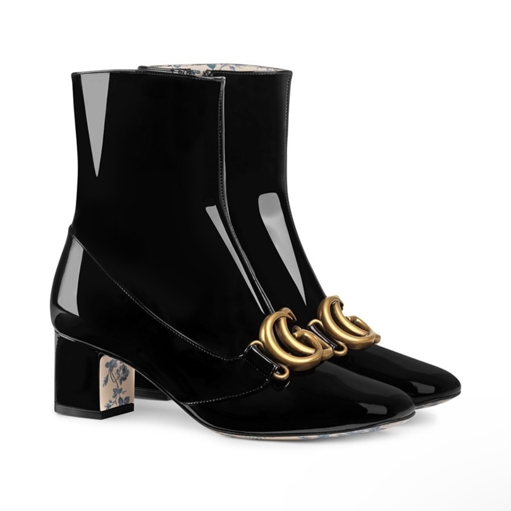 GUCCI Elegant Black Patent Leather Ankle Boots with Gold Accent